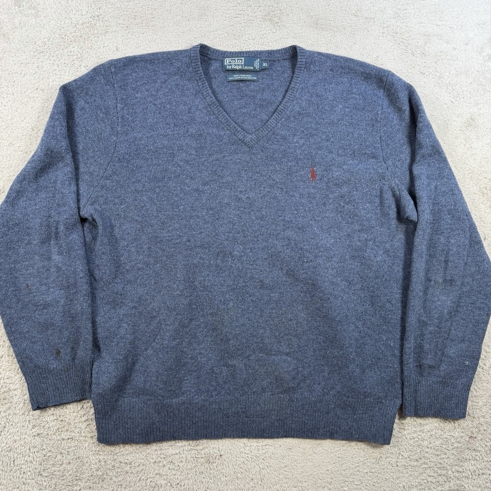 Polo Ralph Lauren Sweater Mens XL Blue 100% Lambs Wool V-Neck Pony Pullover Soft